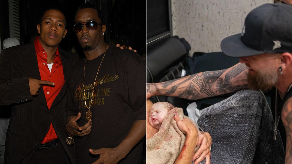 Nick Cannon dengan kemeja baca dan setelan hitam menunjuk ke Diddy yang mengenakan kaos dengan belahan rantai emas panjang. Brantley Gilbert mengulurkan lengannya dan bayinya yang baru lahir terbaring di handuk