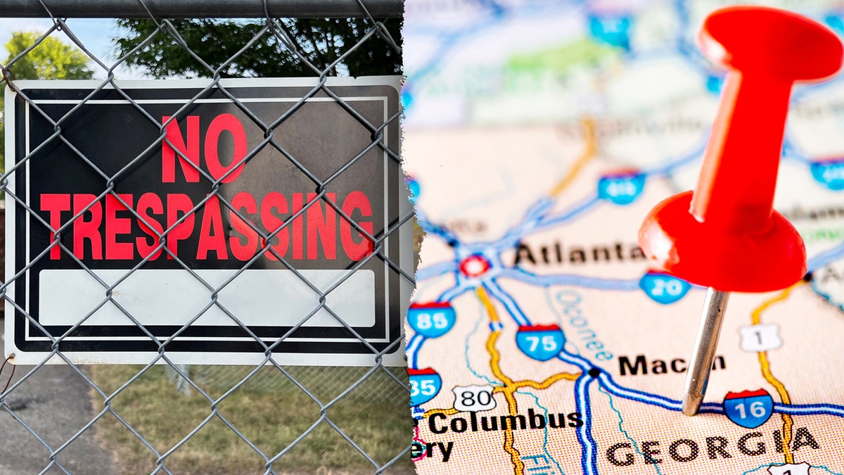 "Entrance prohibited" sign on the left and a pin for Georgia on the map on the right