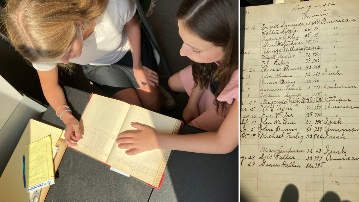 Split image of girls reading book and historical census document