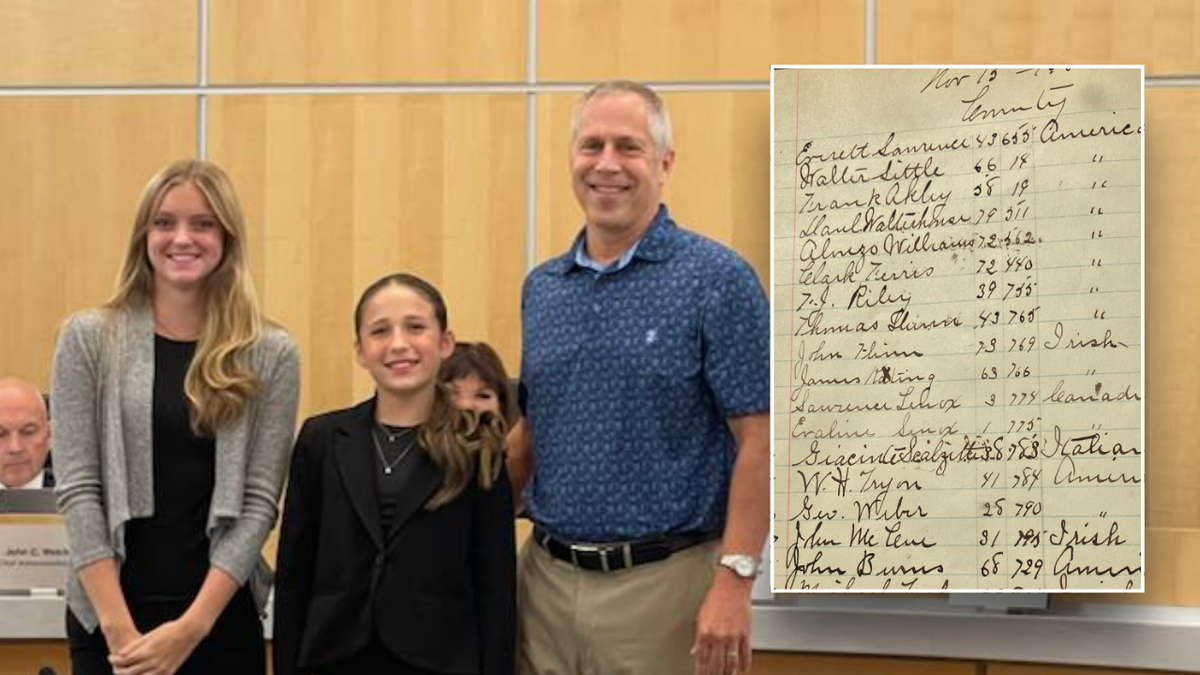 Split image of students and teacher smiling next to document