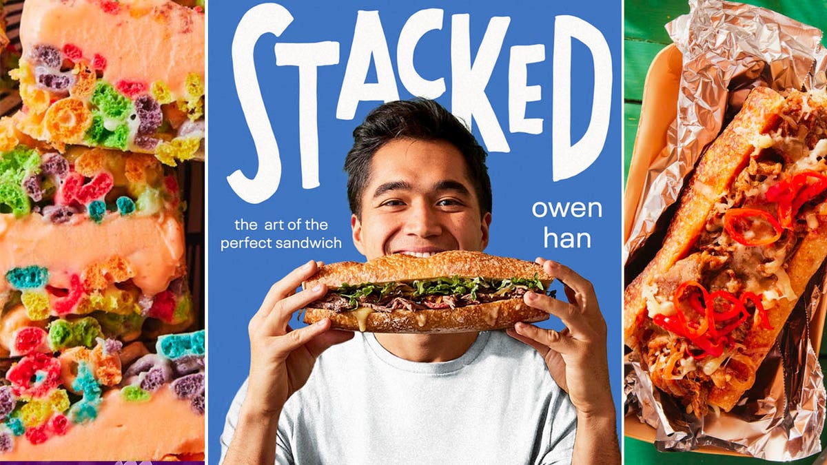 Una imagen triple dividida de bocadillos de sorbete, la portada de STACKED: El arte del bocadillo perfecto, y un cheesesteak.