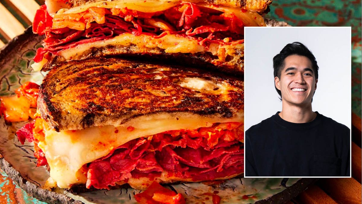 Inset photo of Owen Han smiling at the camera and showing a photo of a Korean Reuben sandwich.