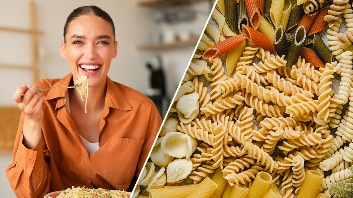 Person eating pasta and pasta noodles