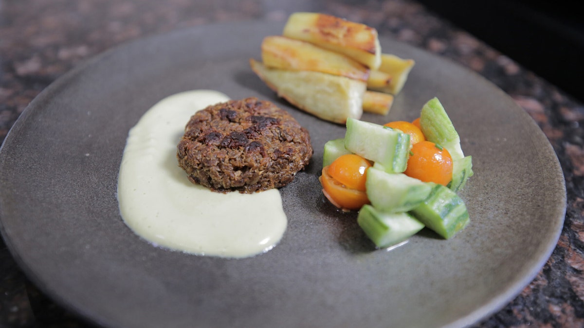 Ésta es una foto de una hamburguesa salteada compuesta de pulpa de soja inoculada con Neurospora intermedia y dejada fermentar durante varios días.