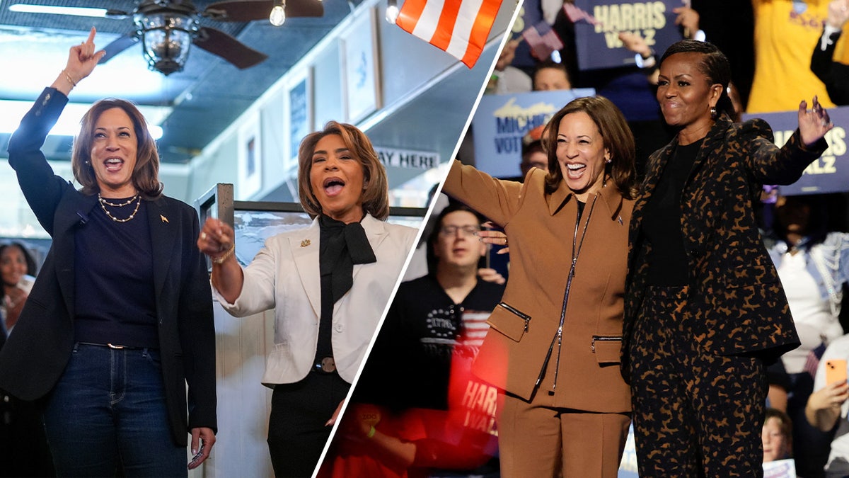 Democratic Presidential nominee U.S. Vice President Kamala Harris campaigns alongside Philadelphia City Council personnel Quetcy Lozada and Former U.S. first woman Michelle Obama