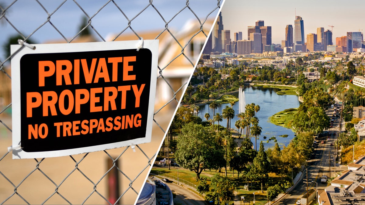 Split photo of "Private Property" sign and California