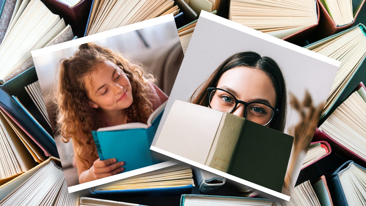 Books in the background of two sperate photos showing women reading