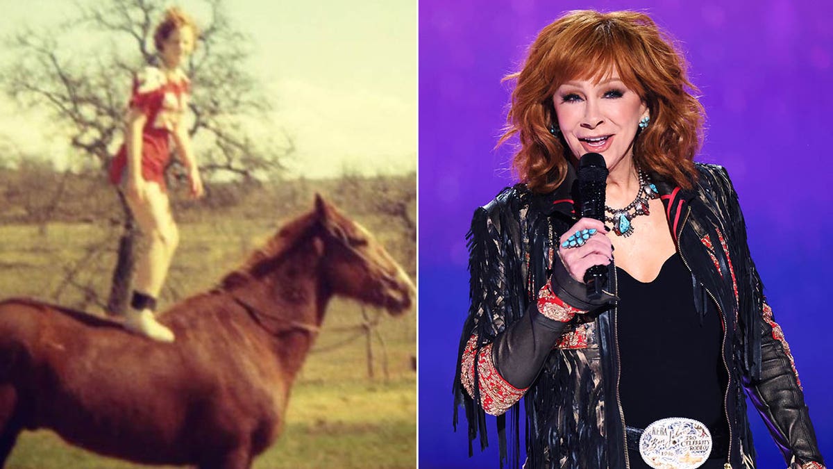 reba mcentire berijdt een paard op 10-jarige leeftijd/reba treedt op op het podium