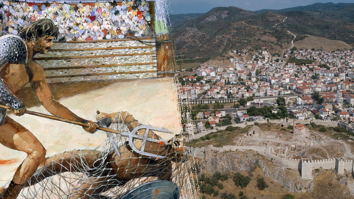 Roman gladiators fighting next to a photo of the ancient city of Ephesus