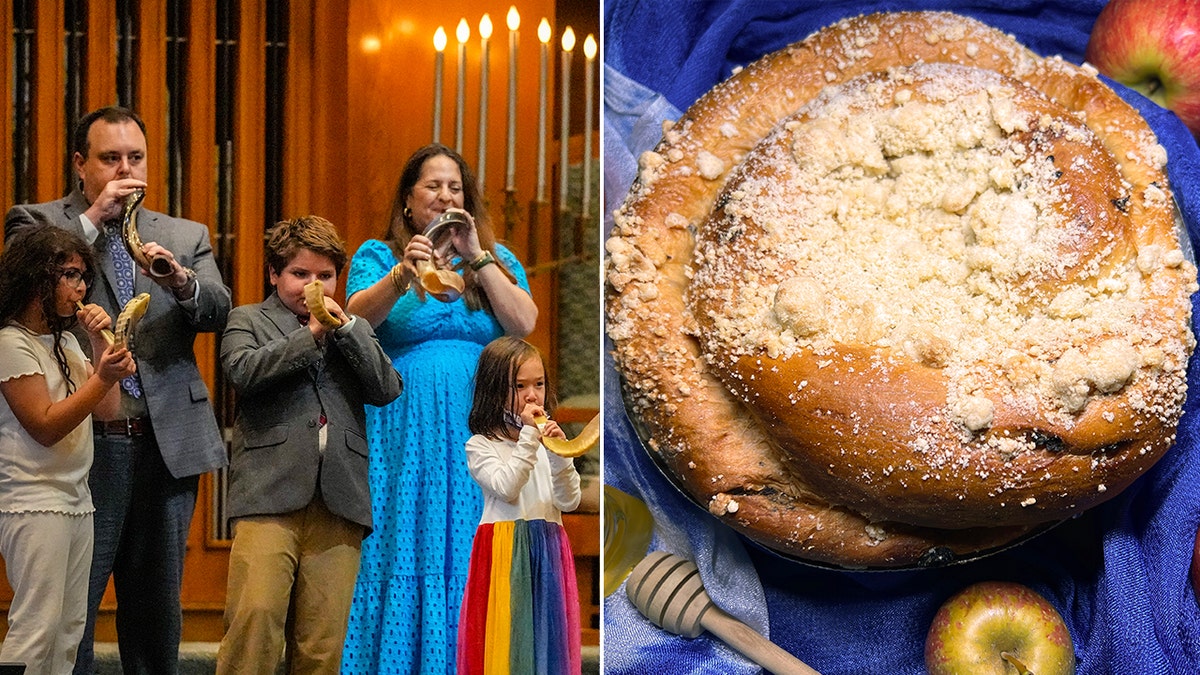 Rosh Hashanah celebrations include blowing on shofars and eating traditional meals to celebrate the Jewish new year.