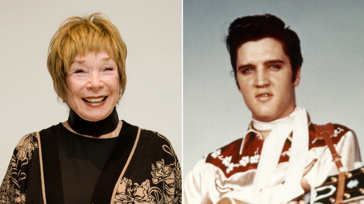 Actors Shirley MacLaine and Elvis Presley airs  for photos.