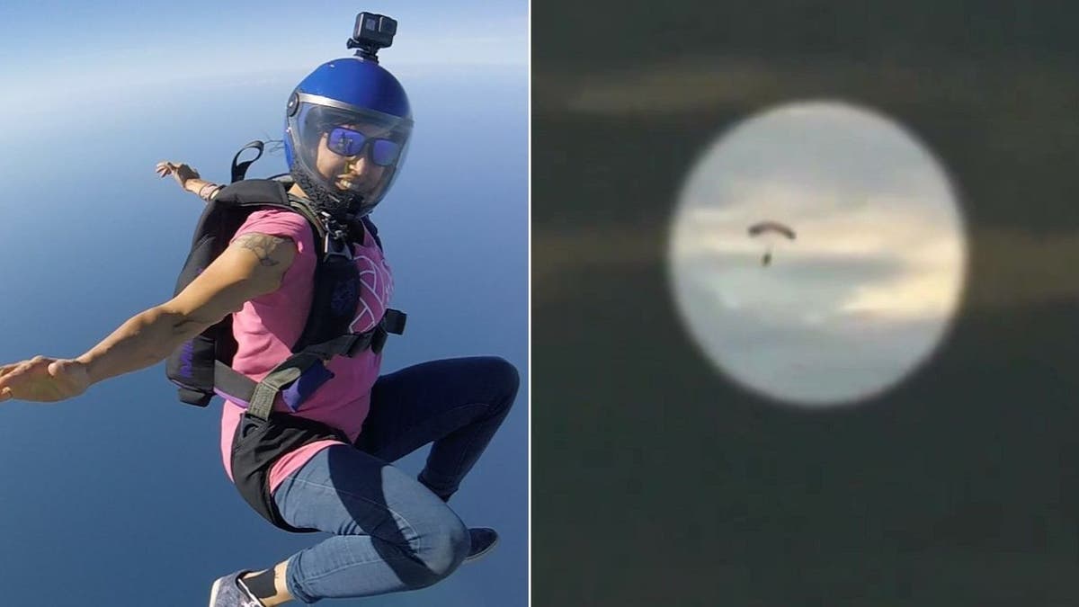 La paracaidista Carolina Muñoz Kennedy, izquierda, y video de su buzo fatal, derecha.