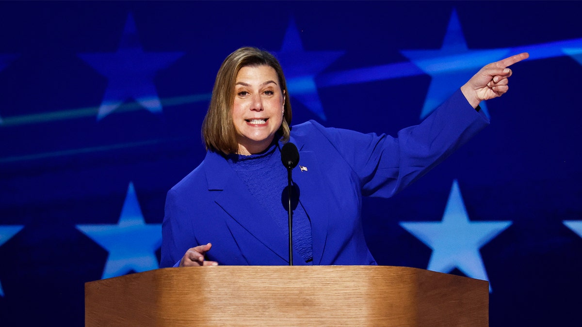 Elissa Slotkin speaking at DNC, pointing 