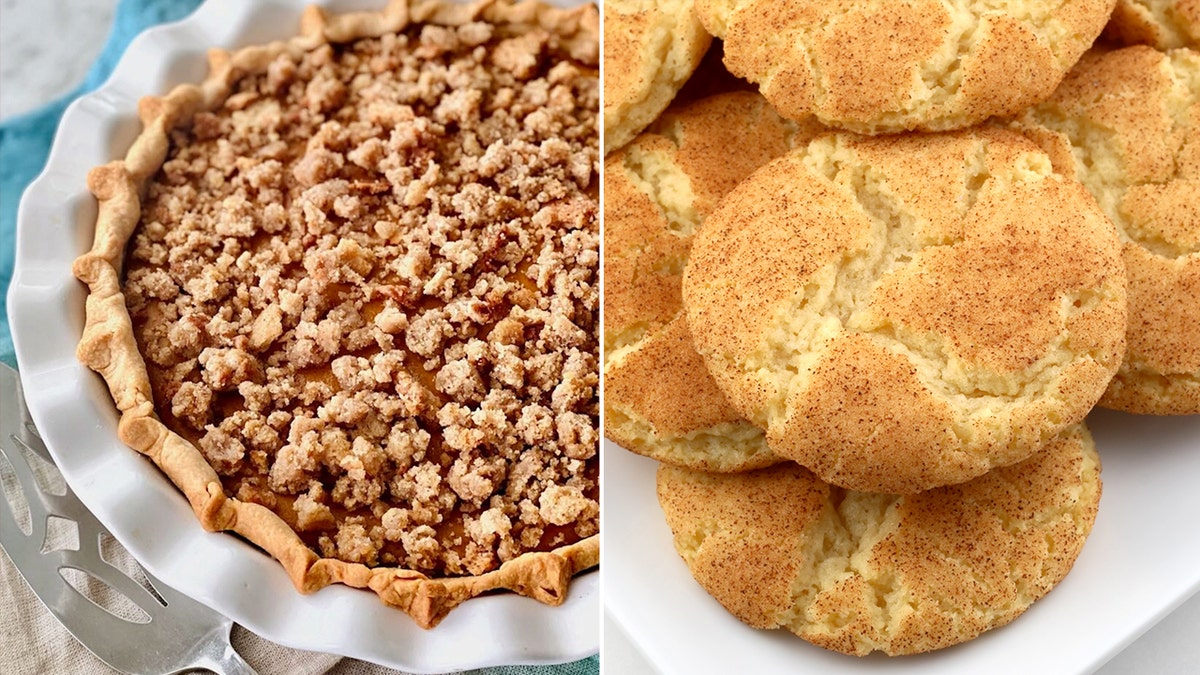 The snickerdoodle pumpkin pie uses snickerdoodle cookie crumbles to create the crunchy topping.