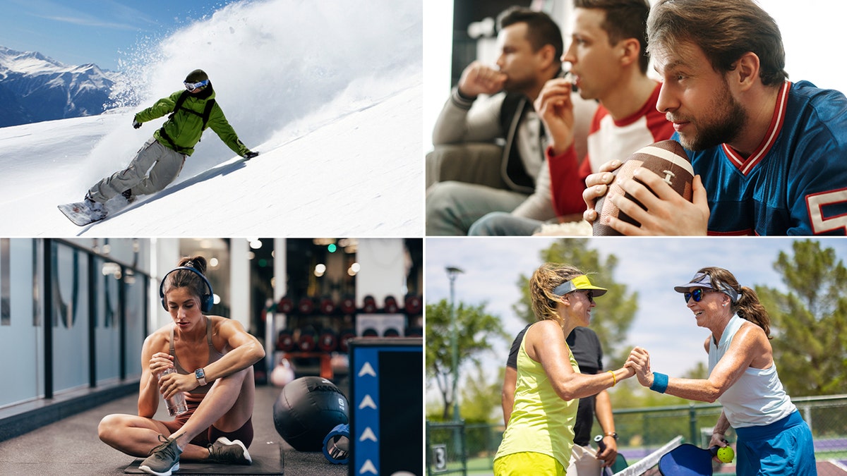 Four abstracted  photos of radical   participating successful  sports. One snowboarding, different  astatine  the gym, men watching shot   and women playing pickleball