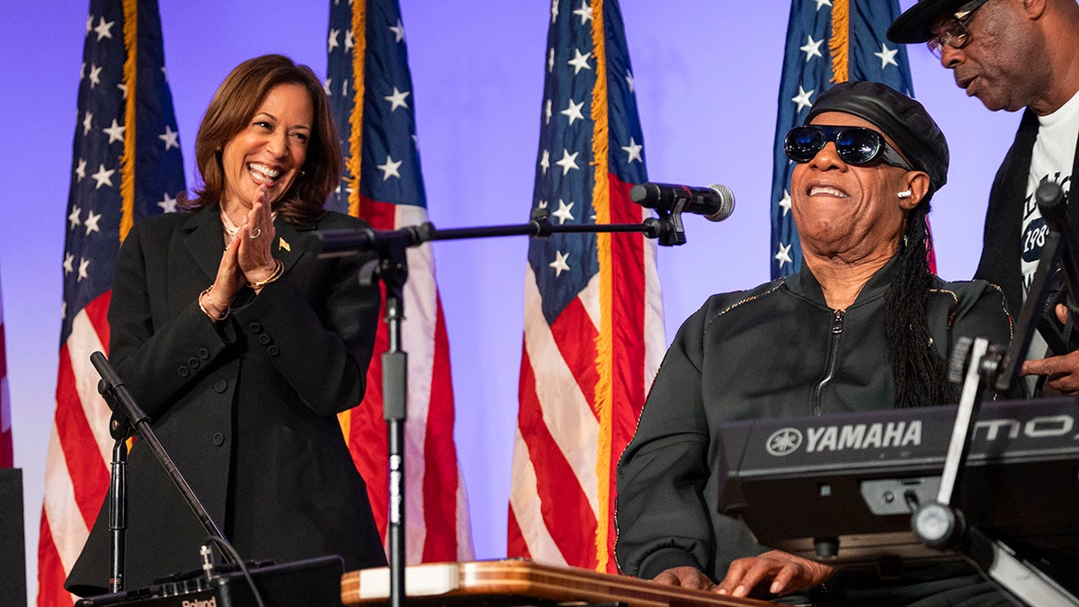 Stevie Wonder sings at Harris campaign event