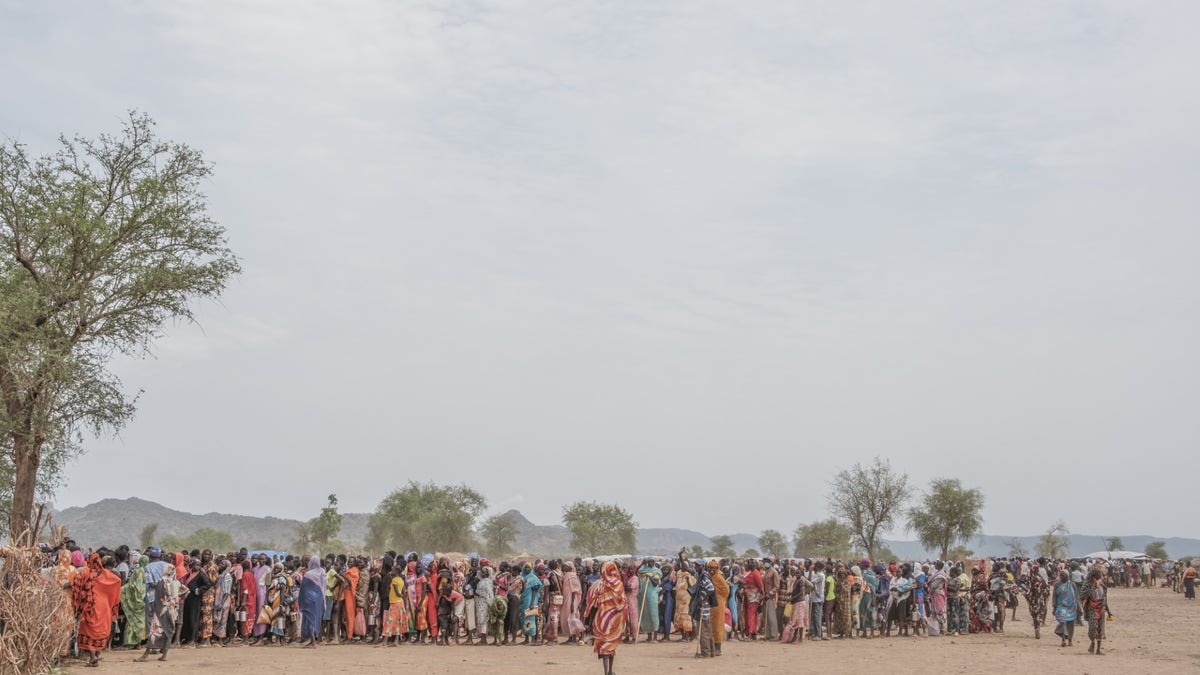 Hundreds of people line up to register for a potential food aid delivery at the Agiri internal displacement camp, in April 2023.?