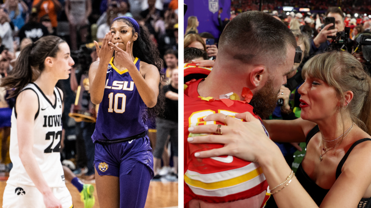 Caitlin Clark and Angel Reese in the 2023 NCAA women's final, and Taylor Swift crying in front of Travis Kelce at the Super Bowl.