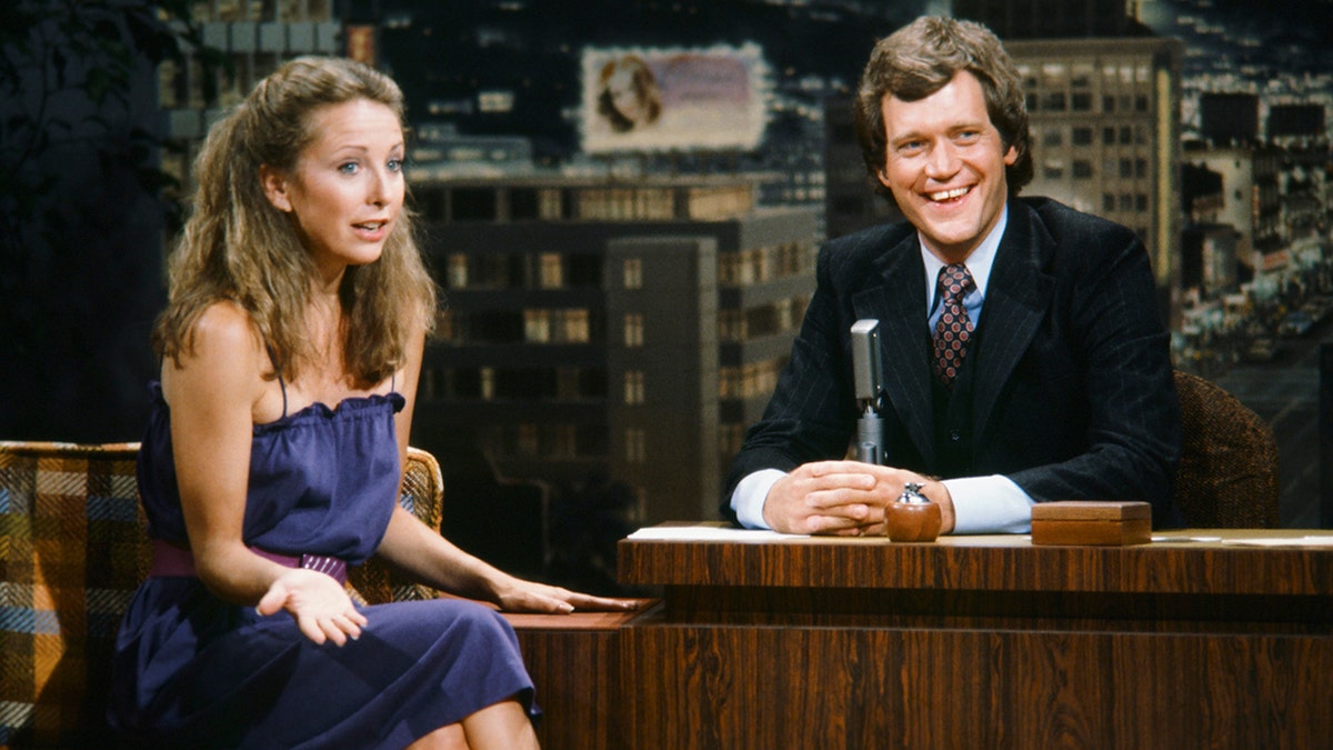 Teri Garr wears purple dress on David Letterman talk show