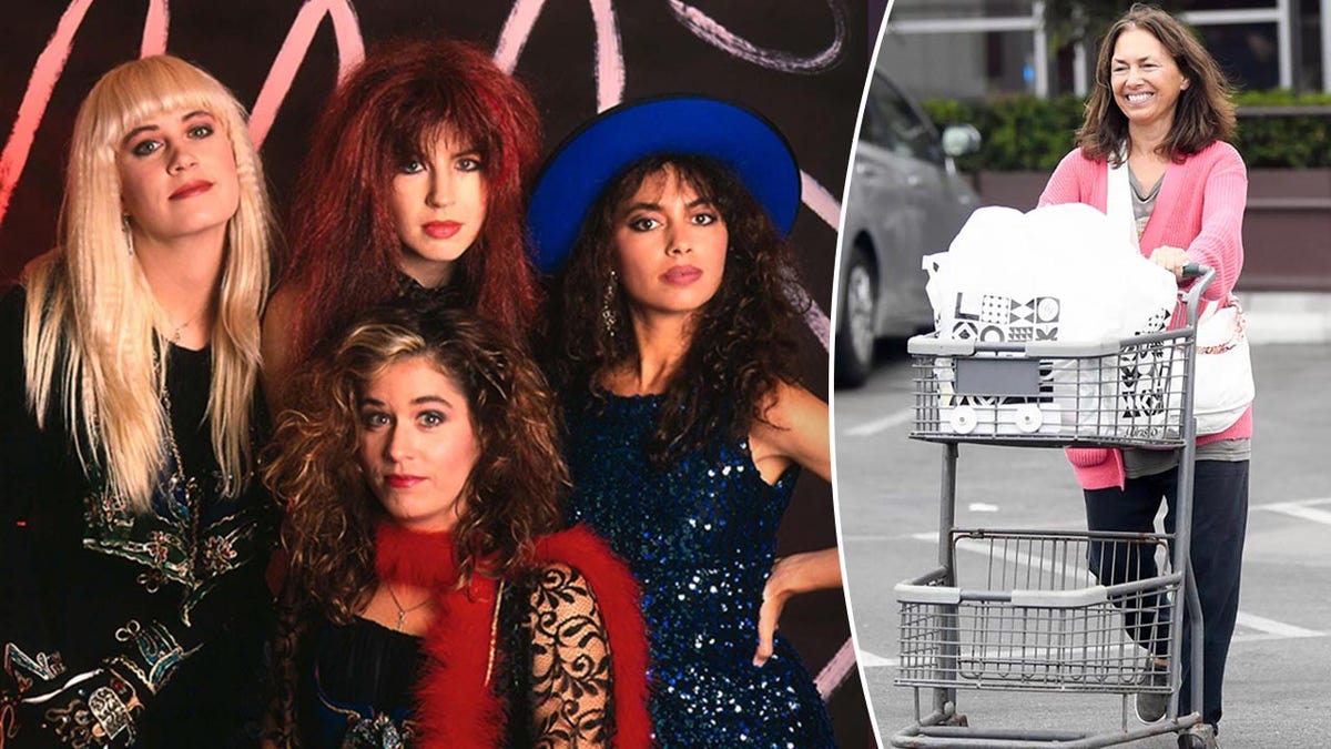 Vicki Peterson, Debbi Peterson, Susanna Hoffs et Michael Steele des Bangles posent dans un encart photo Susanna Hoffs dans un pull rose pousse son chariot d'épicerie dans le parking