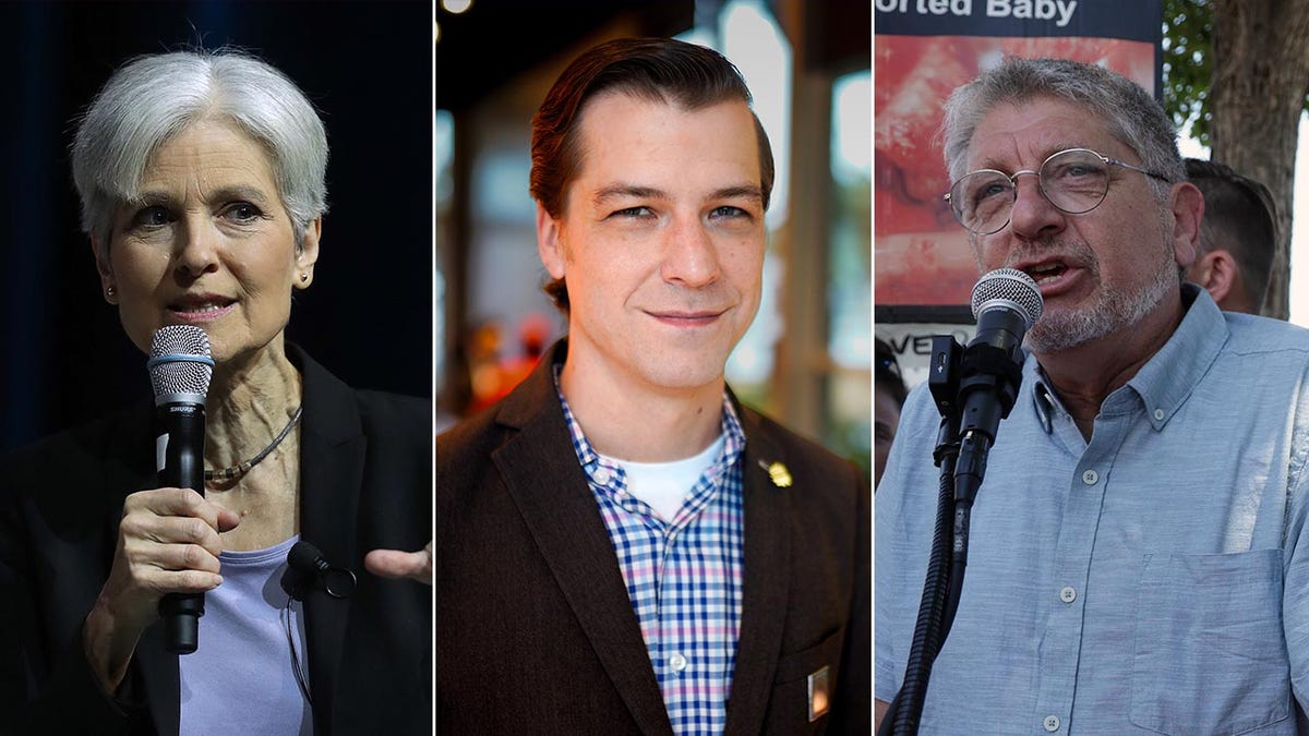 Jill Stein in black jacket speaks into microphone Chase Oliver in suit and plaid shirt looks directly at camera and splits soft smiles Randall Terry looks up as he speaks into microphone