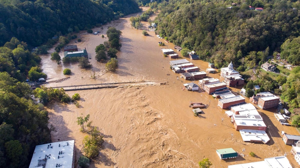 Flood waters from Helene crested in downtown Marshall, North Carolina, at 27 feet above normal. (Logan Clark)