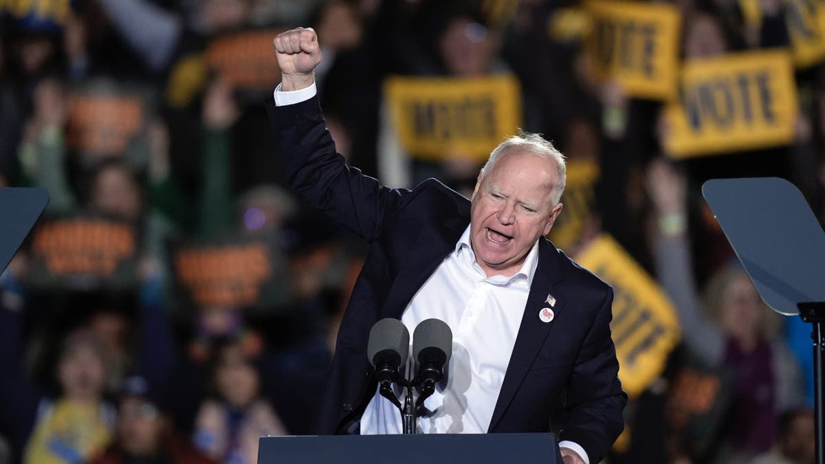 Minnesota Governor and Democratic vice presidential candidate Tim Walz speaks during a campaign rally at Burns Park in Ann Arbor, Michigan, Monday, Oct. 28, 2024.