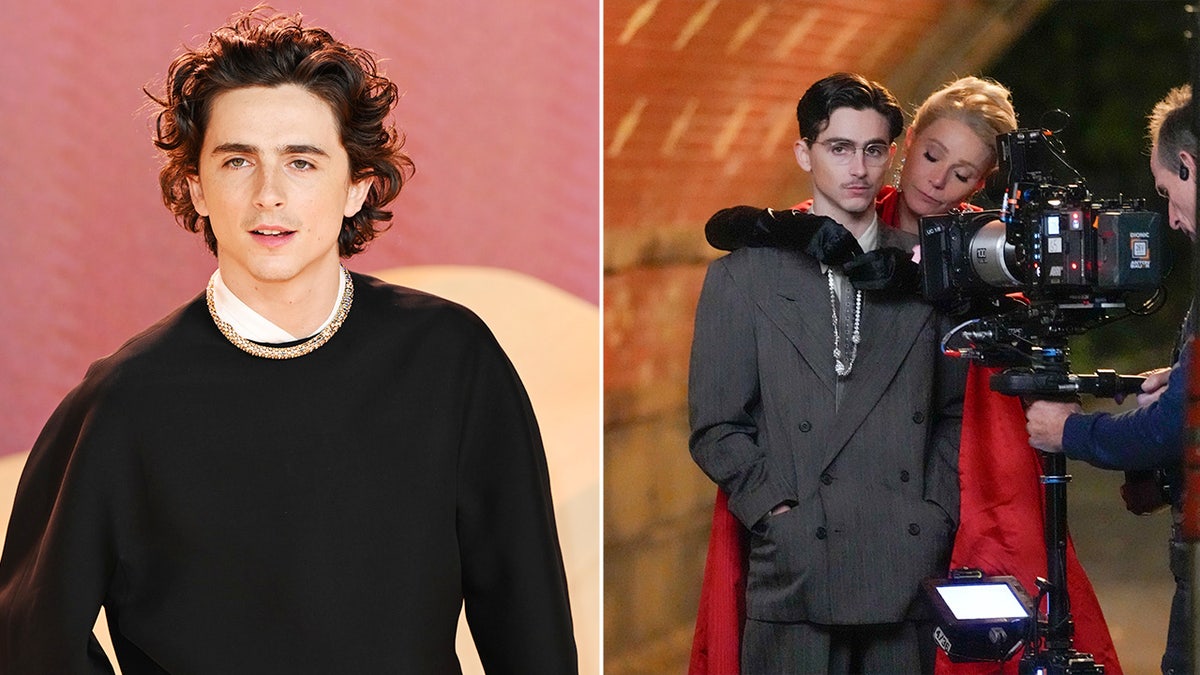 Side by side photos of Timothee Chalamet and Timothee Chalamet filming with Gwyneth Paltrow