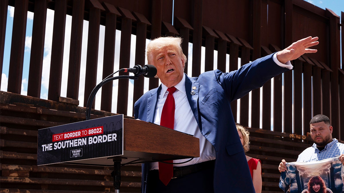 SIERRA VISTA, ARIZONA - AUGUST 22: U.S. Republican Presidential Candidate and former President Donald Trump speaks at the U.S.-Mexico border on August 22, 2024 south of Sierra Vista, Arizona. Trump will hold a rally in Glendale, Arizona tomorrow.