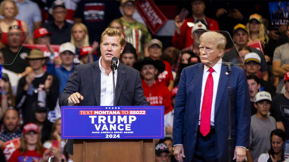 Republican candidate for senator, Tim Sheehy, speaks at a rally supporting former President and Republican presidential candidate Donald Trump (R) in Bozeman, Montana, on Aug. 9, 2024.