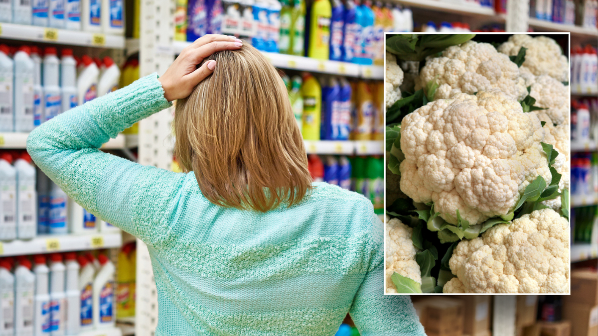 Woman in grocery store split image with cauliflower