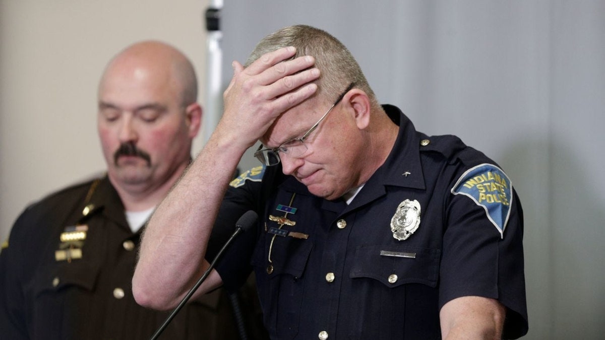 Supt. Doug Carter of the Indiana State Police reacts as he speaks during a press conference for an update on the Delphi murder investigation, Monday, April 22, 2019, at the Canal Center in Delphi.