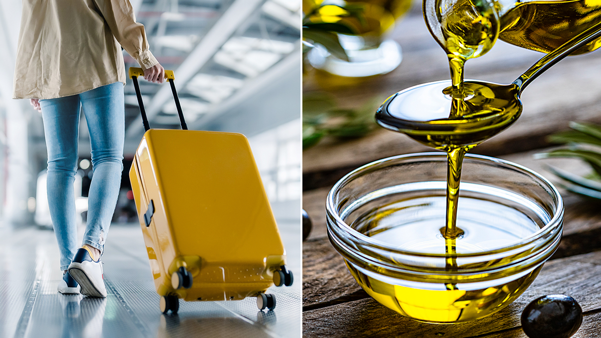 Pulling luggage and olive oil