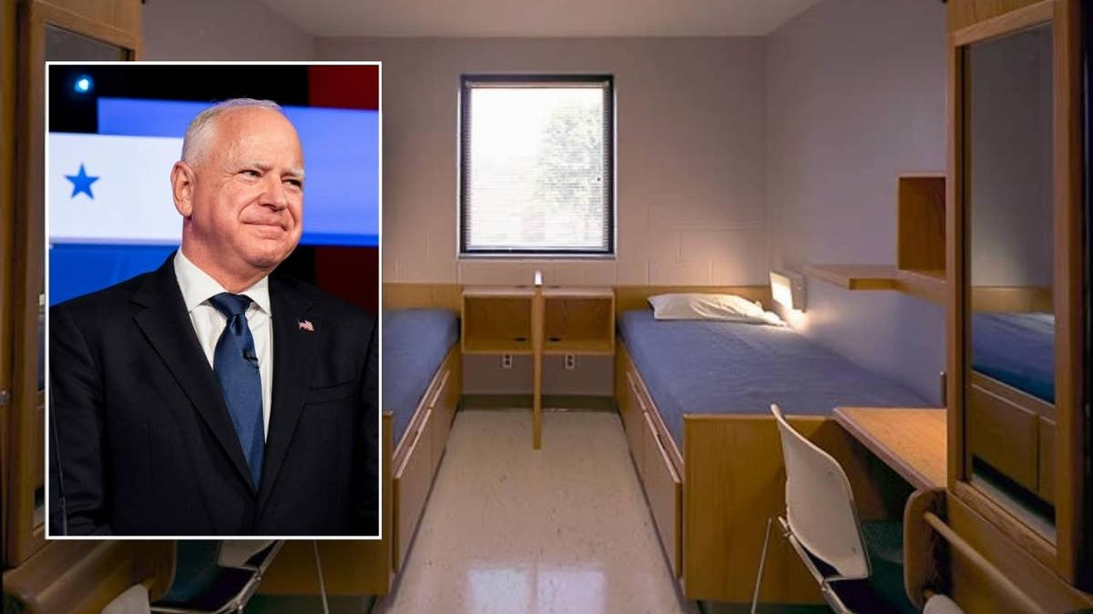 inset: Gov. Walz; main photo, women's prison room