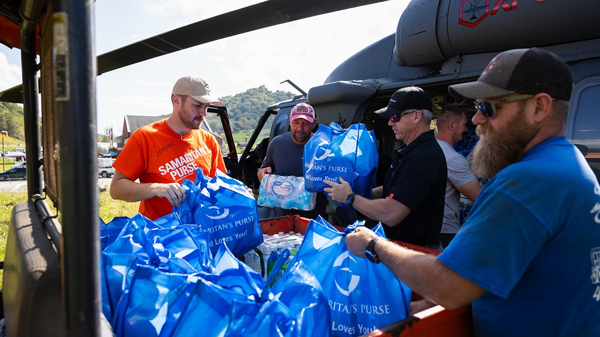 Emergency supplies unloaded from helicopter