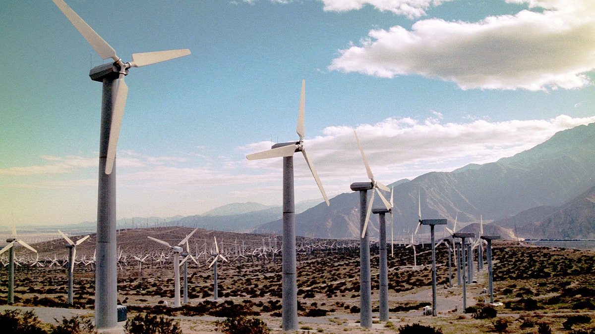 Wind turbines nutrient power from upwind astatine Whitewater Energy's Wind Turbine Farm successful nan desert.