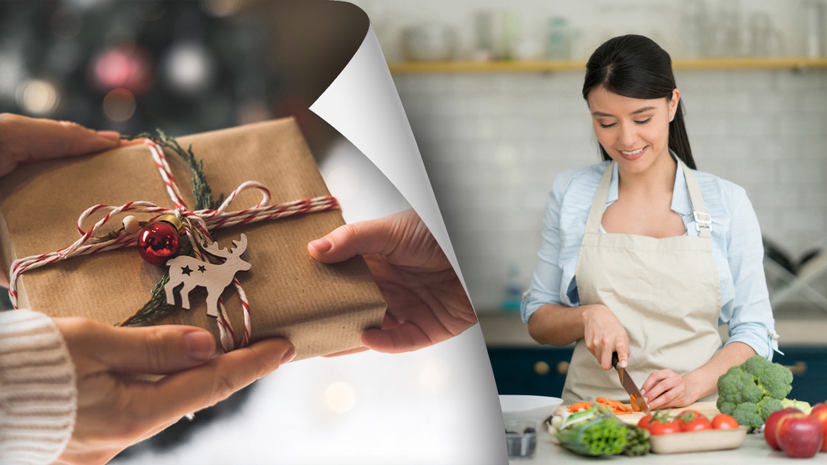 On the left, two people exchanging gifts. On the right, a woman cooking at home