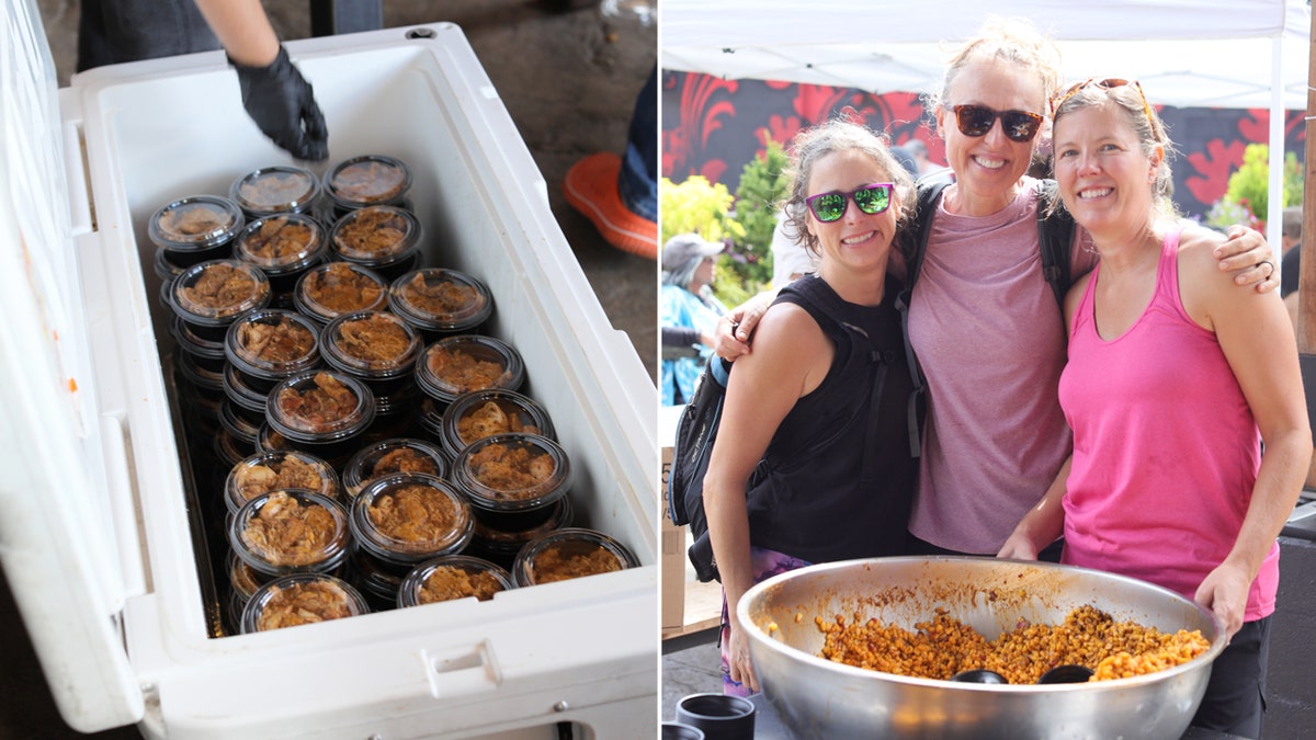 Imagen dividida de comidas envasadas en una nevera y voluntarios en World Central Kitchen. 