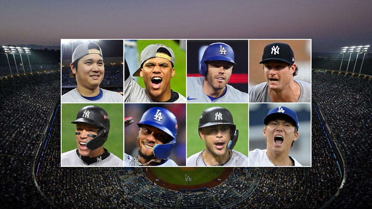 Yankees and Dodgers stars against the backdrop of Dodgers Stadium