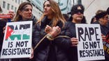 LONDON, UNITED KINGDOM - 2024/02/04: Tied-up protesters and some wearing blindfolds hold placards reading Rape is not resistance during the demonstration outside BBC headquarters. Pro-Israel protesters gathered for the "Rape Is Not Resistance" demonstration in response to the footage of Israeli women hostages being paraded when Hamas attacked Israel, and in support of all Israeli hostages held by Hamas in Gaza. (Photo by Vuk Valcic/SOPA Images/LightRocket via Getty Images)