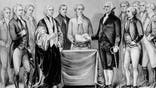 1788:  The inauguration of George Washington as the first President of the United States, also present are (from left) Alexander Hamilton, Robert R Livingston, Roger Sherman, Mr Otis, Vice President John Adams, Baron Von Steuben and General Henry Knox.  Original Artwork: Printed by Currier &amp; Ives.  (Photo by MPI/Getty Images)