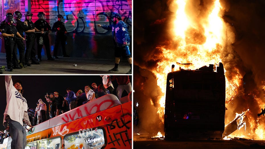 Dodgers celebrations erupt into chaos as ‘hostile’ crowd hurls projectiles at officers, sets city bus ablaze