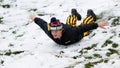 Appalachian State student Berkley Coon slides down a snow-covered hill at Kidd Brewer Stadium before an NCAA college football game between Appalachian State and James Madison Saturday, Nov. 23, 2024, in Boone, N.C. - Fox News
