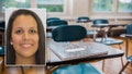 Melissa Curtis is pictured in front of an image of a school classroom. - Fox News