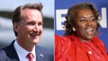 Left: Virginia Gov. Glenn Youngkin, following a Bloomberg Television interview on the opening day of the Farnborough International Airshow in Farnborough, UK, on Monday, July 22, 2024; Right: Virginia Lt Gov-Elect Winsome Sears greets supporters on Nov. 2, 2021 in Chantilly, Va. - Fox News