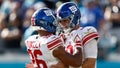 New York Giants quarterback Daniel Jones (8) celebrates with teammate running back Saquon Barkley (26) after scoring a touchdown against the Jacksonville Jaguars during the fourth quarter at TIAA Bank Field. - Fox News