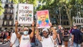 BARCELONA, CATALONIA, SPAIN - 2021/07/09: Protesters are seen with a portrait of Samuel Luiz in LGBT colors and a banner that reads, "hate speech kills" during the protest. Protesters take to the streets of Barcelona against LGTBI phobia and the death of Samuel Luiz, a 24-year-old homosexual young man murdered in a homophobic attack last week in the city of A Coru&ntilde;a, Spain. - Fox News