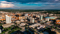 Drone aerial view of downtown Wichita Skyline features Arkansas Rivers and bridges, Kansas. - Fox News