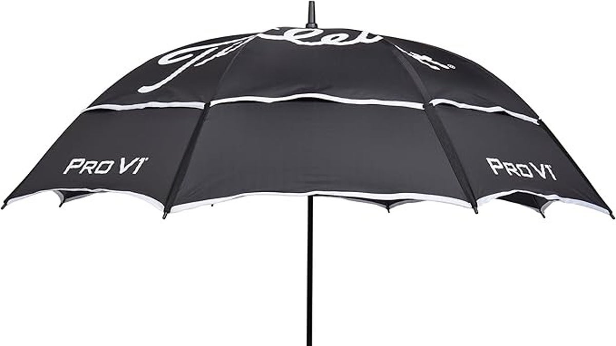 A Titleist Tour double canopy umbrella is large enough to shield you and your bag.