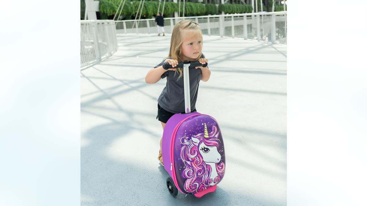 This suitcase scooter makes airport travel fun for kids.